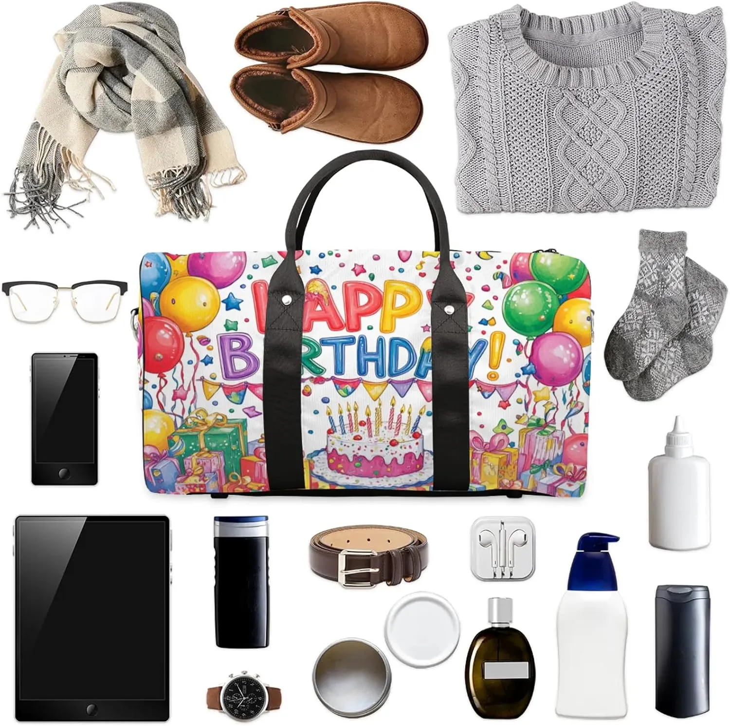 Happy Birthday Duffle Bag for Travel, Overnight Weekend Gym Carry On Luggage Bag, Colorful Balloons Travel Duffel Bag for Men Women