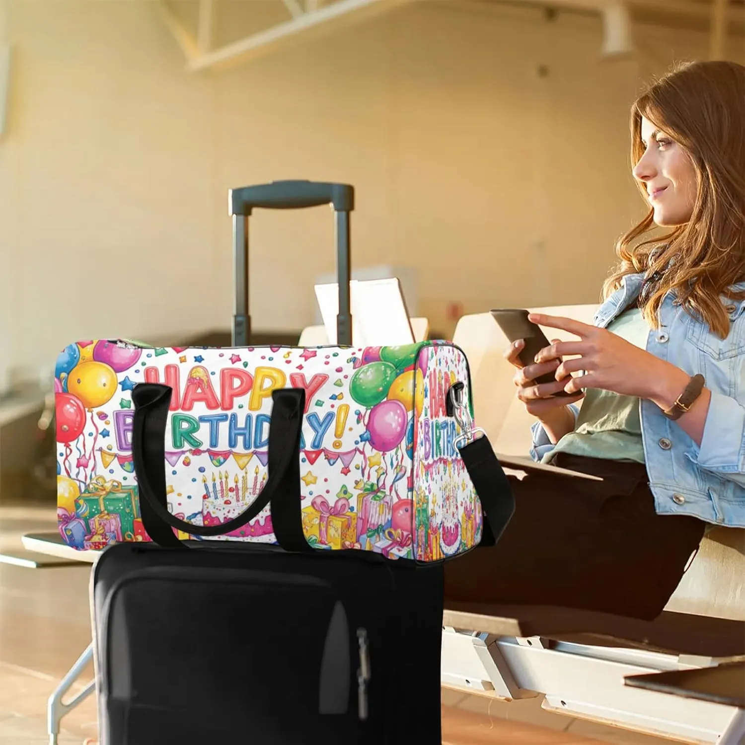 Happy Birthday Duffle Bag for Travel, Overnight Weekend Gym Carry On Luggage Bag, Colorful Balloons Travel Duffel Bag for Men Women
