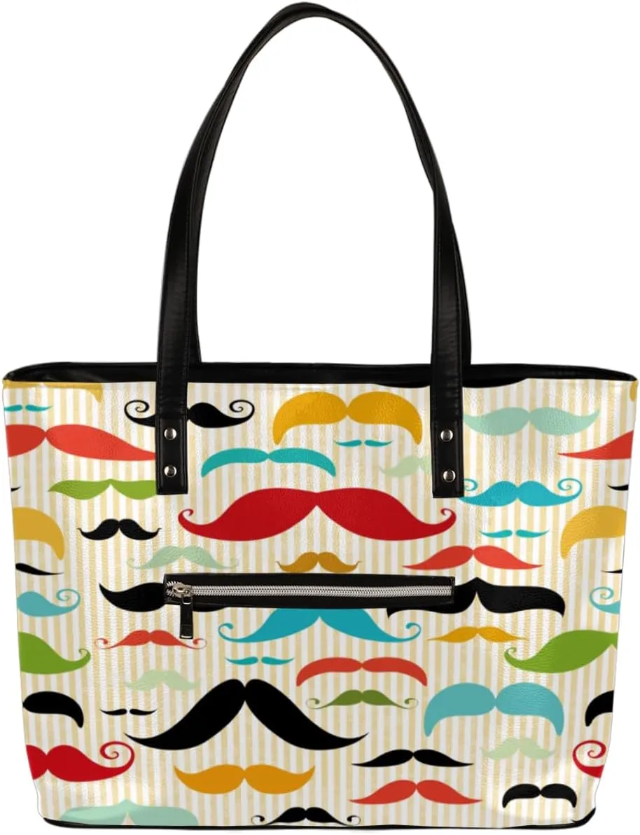 Happy Father's Day Mustache Tote Bag Women Shoulder Handbags PU Leather Everyday Bag with External Pocket Large Capacity Aesthetic Corduroy Tote Bag for Travel Work Party