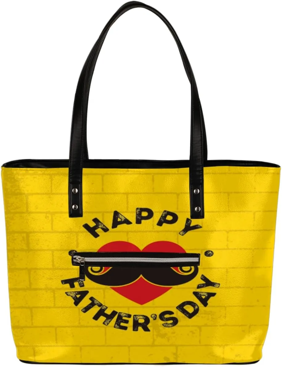 Happy Father‘s Day Tote Bag Women Shoulder Handbags PU Leather Everyday Bag with External Pocket Large Capacity Aesthetic Corduroy Tote Bag for Travel Work Party