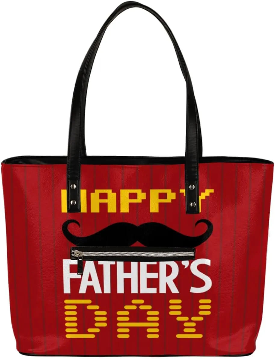 Happy Father's Day Tote Bag Women Shoulder Handbags PU Leather Everyday Bag with External Pocket Large Capacity Aesthetic Corduroy Tote Bag for Travel Work Party