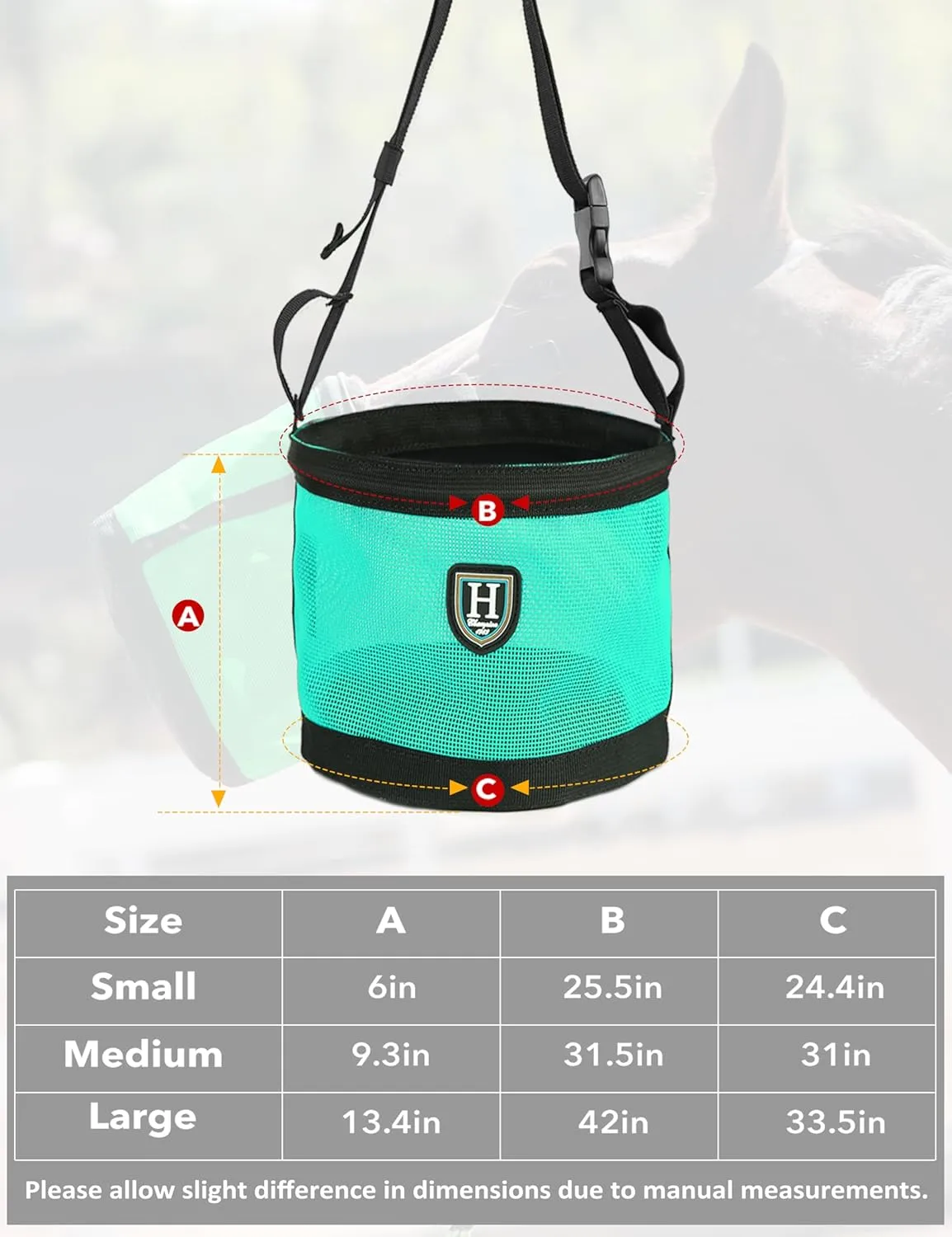 Harrison Howard Horse Muzzle Feed Bag Nylon Mesh Grain Feed Bag with Adjustable Strap Mint Large