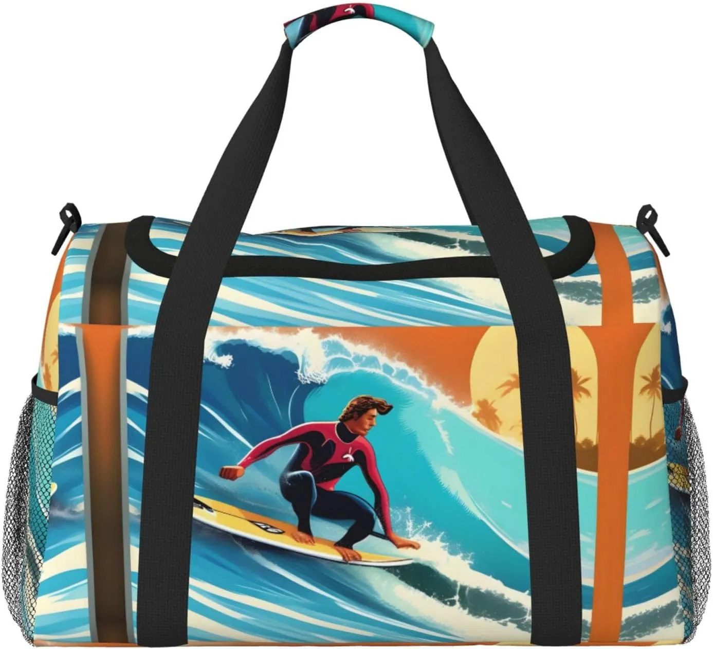 Hawaiian Surfer on Wavy print print Large Canvas Travel Duffel Bag Weekender Bags for Women Overnight Bag Carry On Tote Bag