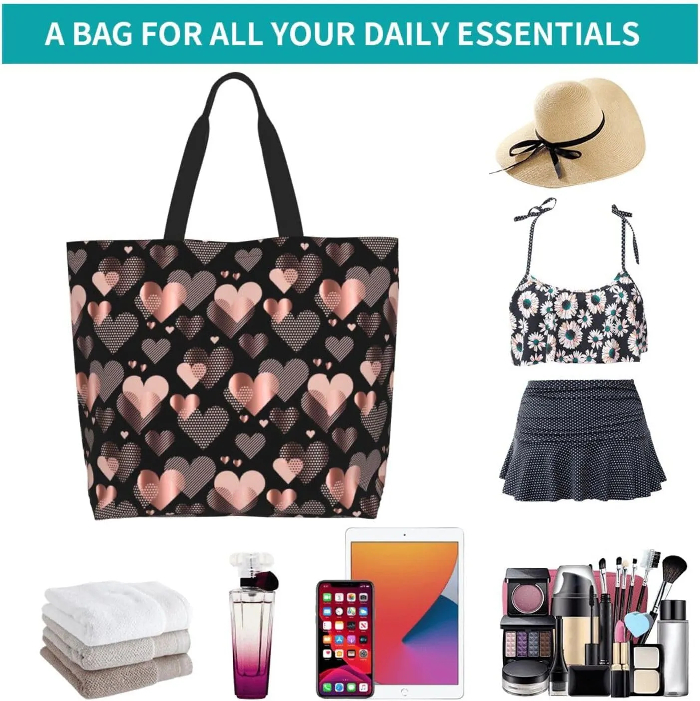 Heart Canvas Tote Bag Valentines Day Shoulder Bag Cute Casual Grocery Bags Cute Hearts Bag for Outdoor