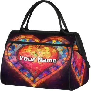 Heart Glass Window Travel Duffel Bag, Personalized Sports Gym Bag Custom for Women and Men Waterproof Overnight Weekender Carry On Tote Bags for Airplanes, Traveling, Gym, Football, Hospital Bag