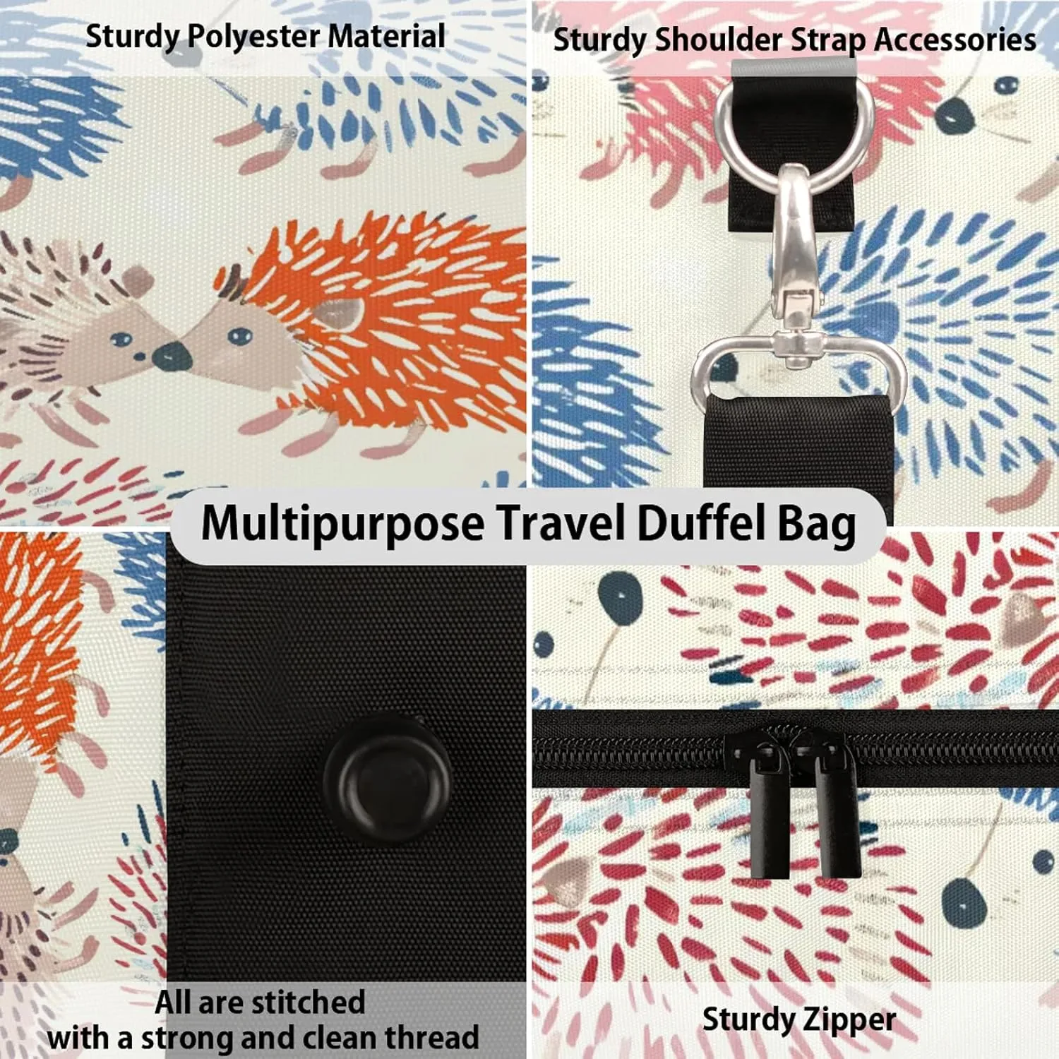 Hedgehog Colorful Travel Duffle Bag, Sports Gym Bags for Women Men, Carry On Weekender Overnight Workout Airplane Trips Bag