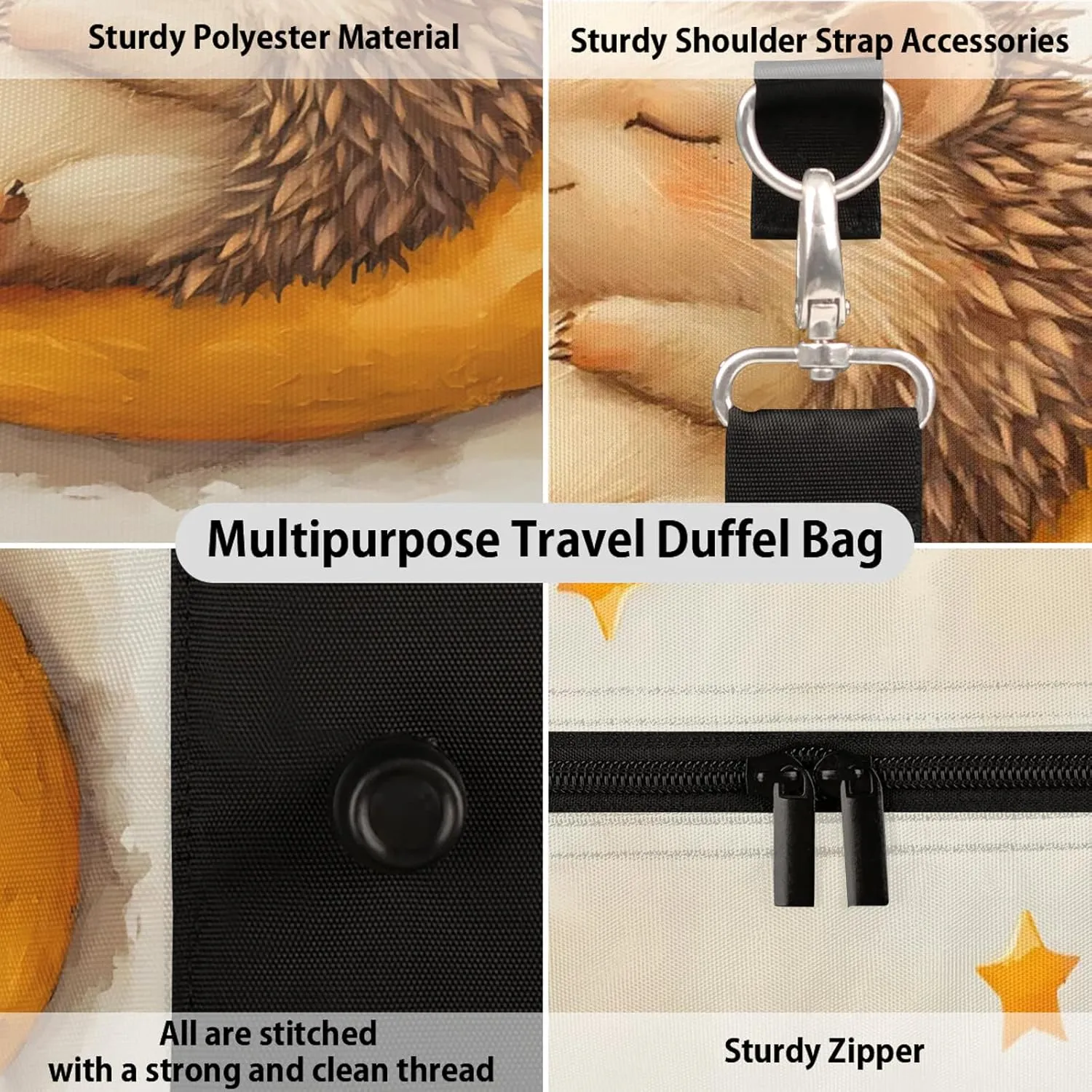 Hedgehog Duffle Bag for Travel, Overnight Weekend Gym Carry On Luggage Bag, Cute Travel Duffel Bag for Men Women