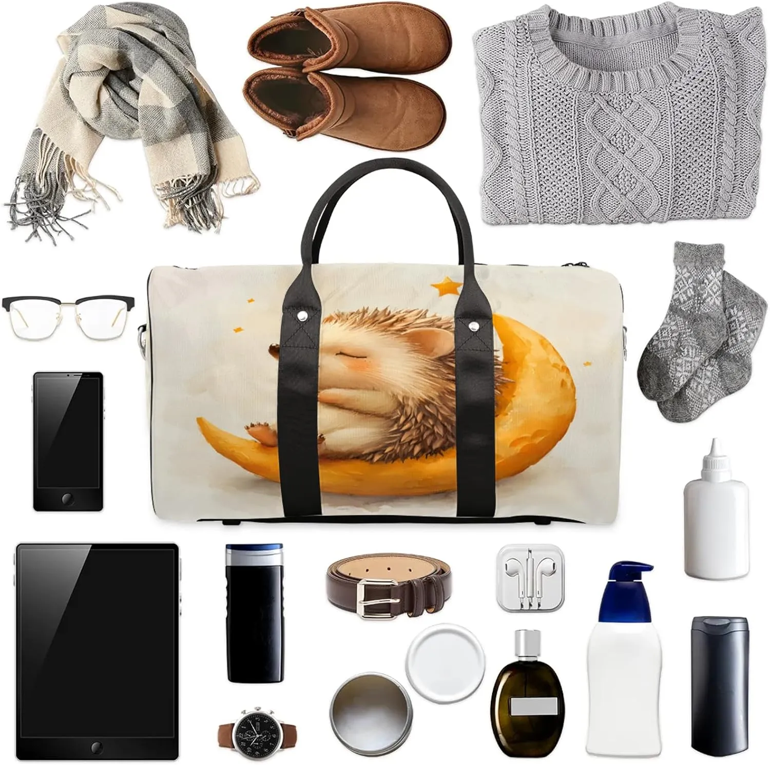 Hedgehog Duffle Bag for Travel, Overnight Weekend Gym Carry On Luggage Bag, Cute Travel Duffel Bag for Men Women