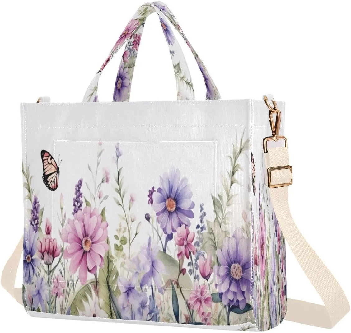 Herbs and Wild Flowers Corduroy Tote Bag for Women Hobo Crossbody Bag Purse Stylish Shoulder Handbag Messenger Bags, S