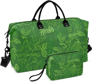 Herbs Plant Sketch Darkgreen Sports Gym Bag for Women Men Travel Duffel Bag Weekend Overnight Carry on Bag with Toiletry Bag Yoga Bag for Swimming Yoga Workout Hospital Plane