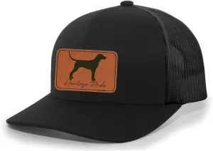 Heritage Pride Canine Collection Redbone Coonhound Deer Hunting Dog Mens Engraved Leather Patch Mesh Back Trucker Hat