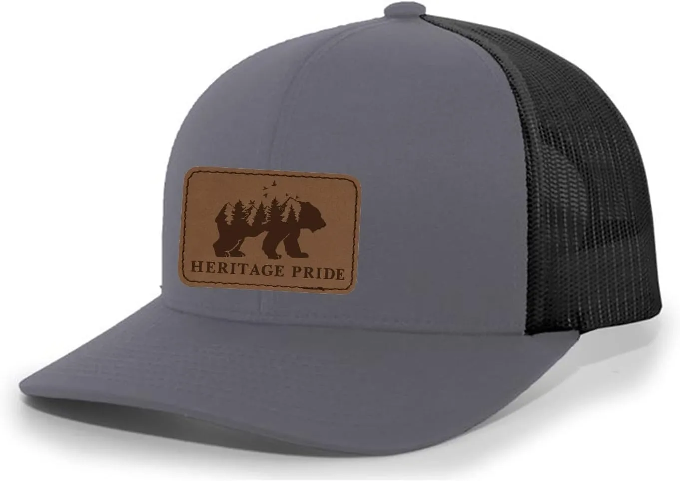 Heritage Pride Scenic Bear Engraved Leather Patch Mens Trucker Hat Baseball Cap