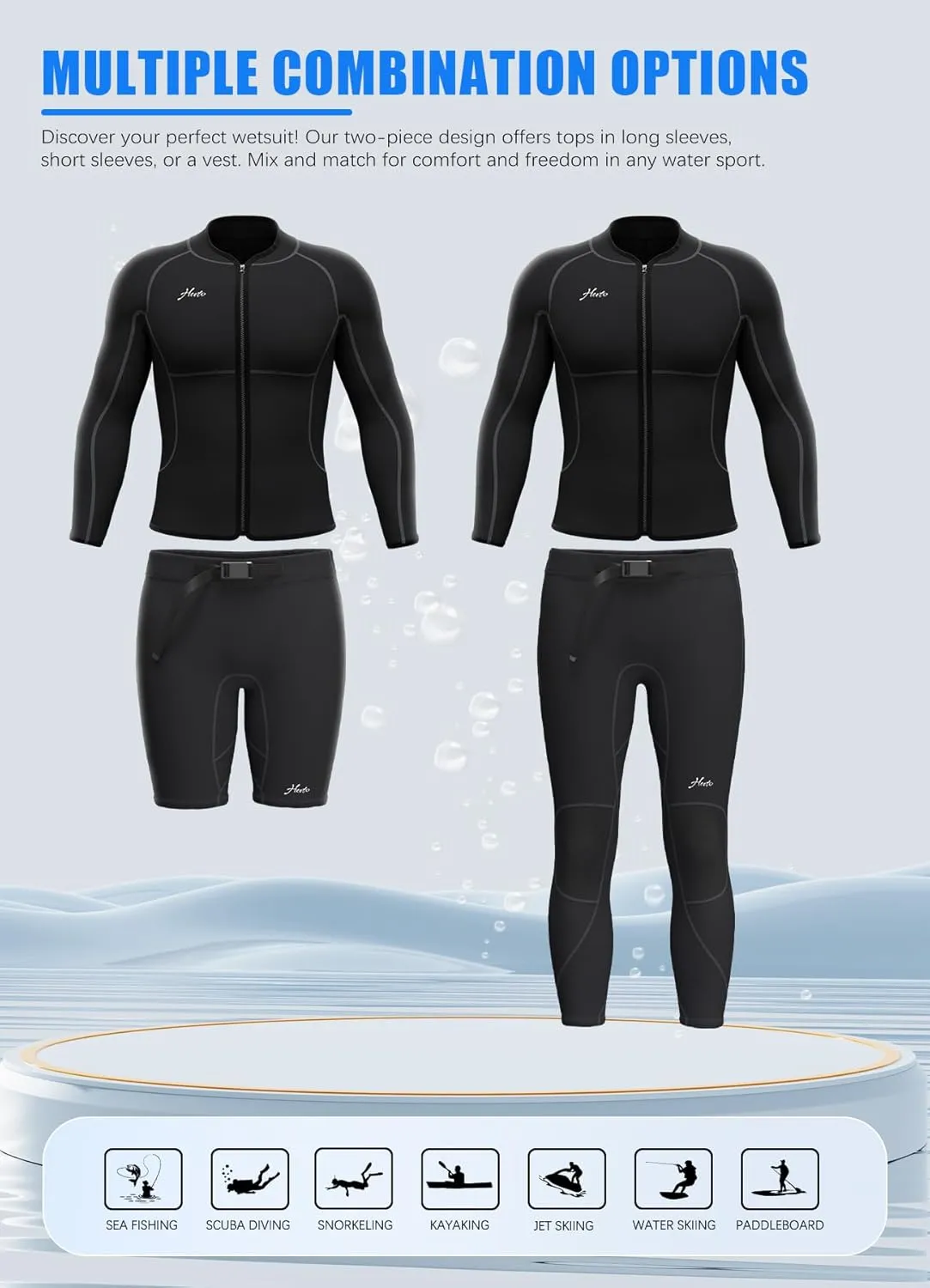 Hevto Men Wetsuit Tops and Vest 3/2mm Neoprene Jacket Surfing Swimming Front Zip Wet Suit for Water Sports