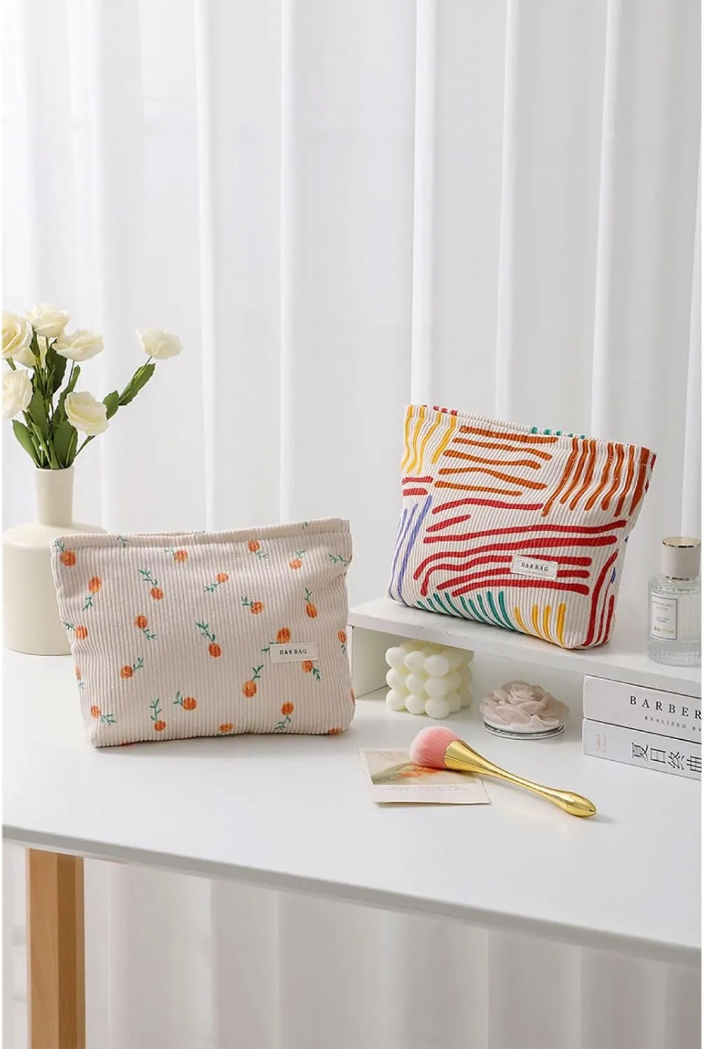 HEY M&Q 2Pack-Cute Cosmetic Bags Makeup Bags for Women,Travel Toiletry Bag Corduroy Cosmetic Bag,Large Aesthetic Makeup Organizer Bag