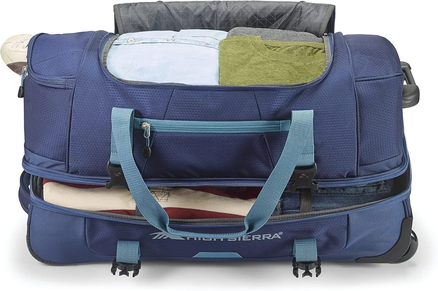 High Sierra Fairlead Portable 28 Inch Polyester Drop Bottom Wheeled Rolling Duffel Travel Bag with Recessed Telescoping Handle, Graphite Blue