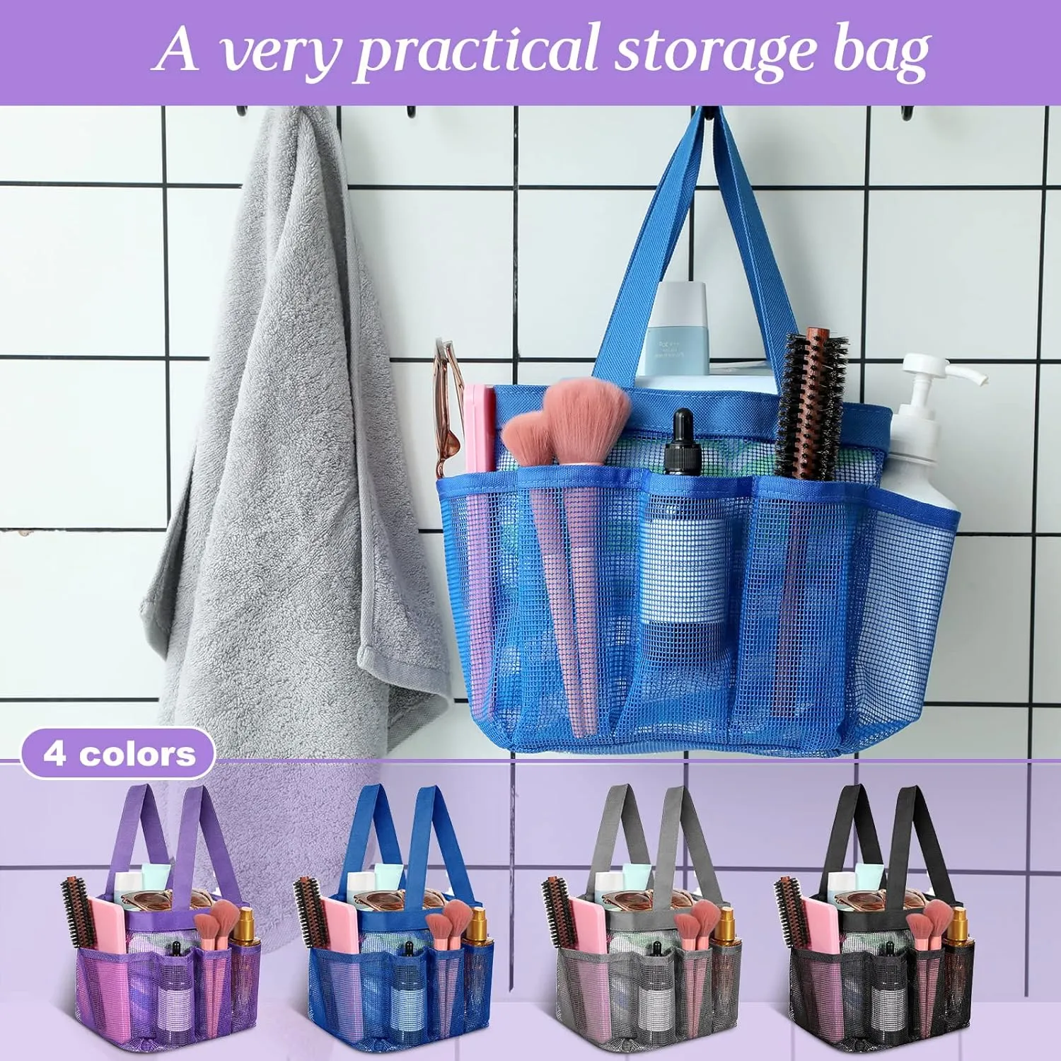 Hillban 4 Pcs Mesh Shower Caddy Portable Large Quick Dry Shower Caddy Basket with Deeper 8 Pockets and 2 Handles Hanging Bag for College Dorm Room(Blue, Purple, Black, Gray)