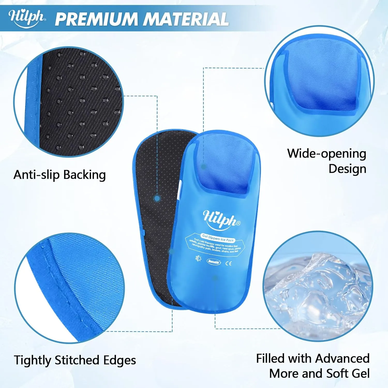 Hilph Foot Ice Pack Slippers for Plantar Fasciitis 2 Packs, Reusable Hot Cold Packs Gel Ice Slipper for Foot and Broken Toes, Gout, Foot Surgery, Neuropathy, Diabetic, Swollen (Light Blue)