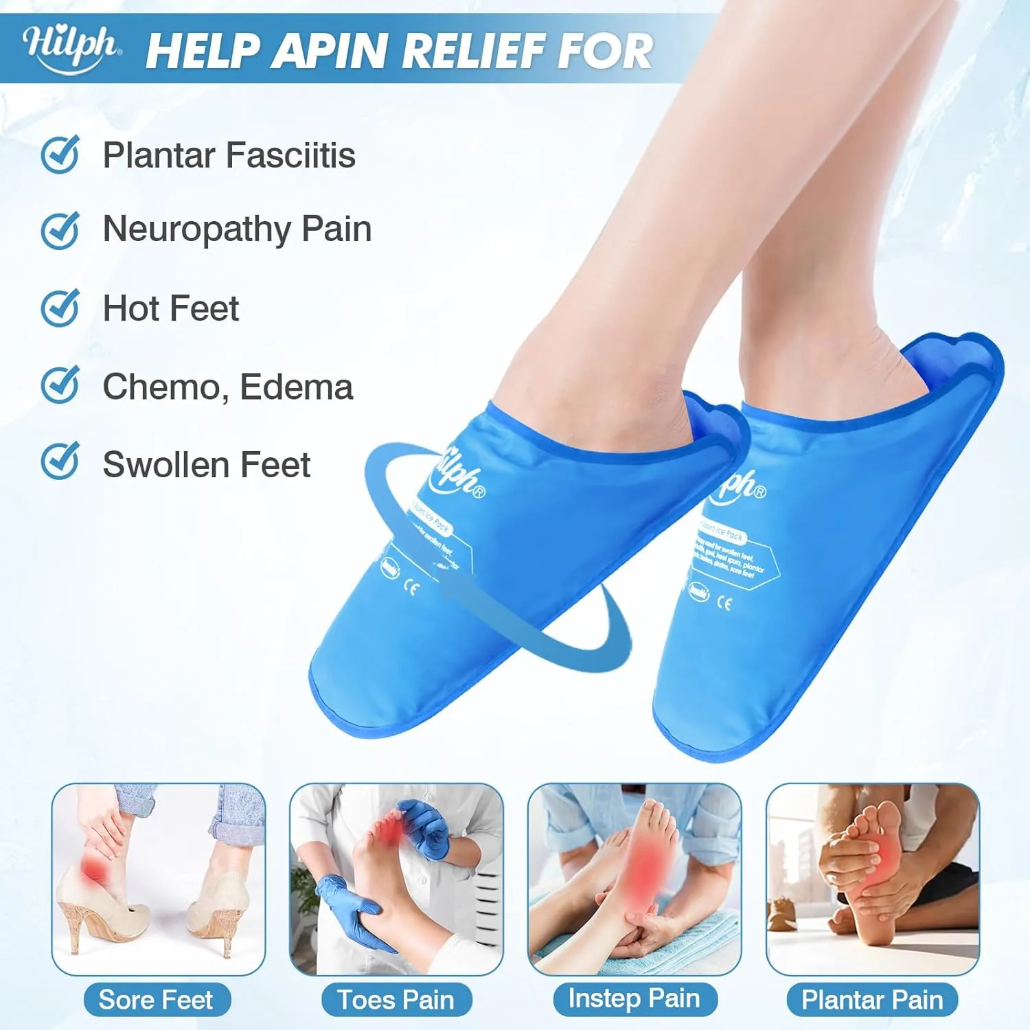 Hilph Foot Ice Pack Slippers for Plantar Fasciitis 2 Packs, Reusable Hot Cold Packs Gel Ice Slipper for Foot and Broken Toes, Gout, Foot Surgery, Neuropathy, Diabetic, Swollen (Light Blue)