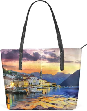 Historic City Sunset Tote Bag for Women Leather Shoulder Handbag with Zipper and Pockets Fashion Casual Handle Bag Purse for Travel Beach Working Laptop School Gym Shopping
