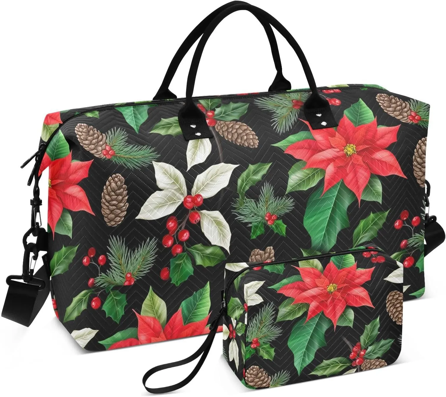 Holly Berry Pinecone Black Sports Gym Bag for Women Men Travel Duffel Bag Weekend Overnight Carry on Bag with Toiletry Bag Training Handbag for Swimming Yoga Workout Plane Hospital