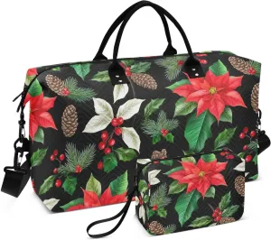 Holly Berry Pinecone Black Sports Gym Bag for Women Men Travel Duffel Bag Weekend Overnight Carry on Bag with Toiletry Bag Training Handbag for Swimming Yoga Workout Plane Hospital