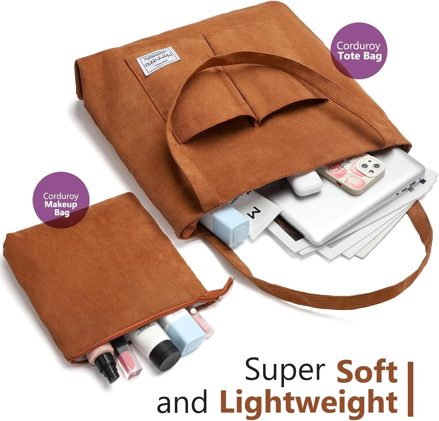 Hommtina 2PCS Corduroy Tote Bag for Women Shoulder Tote Bag with Pockets Handbags with Makeup Zipper Pouch Travel Work Bags