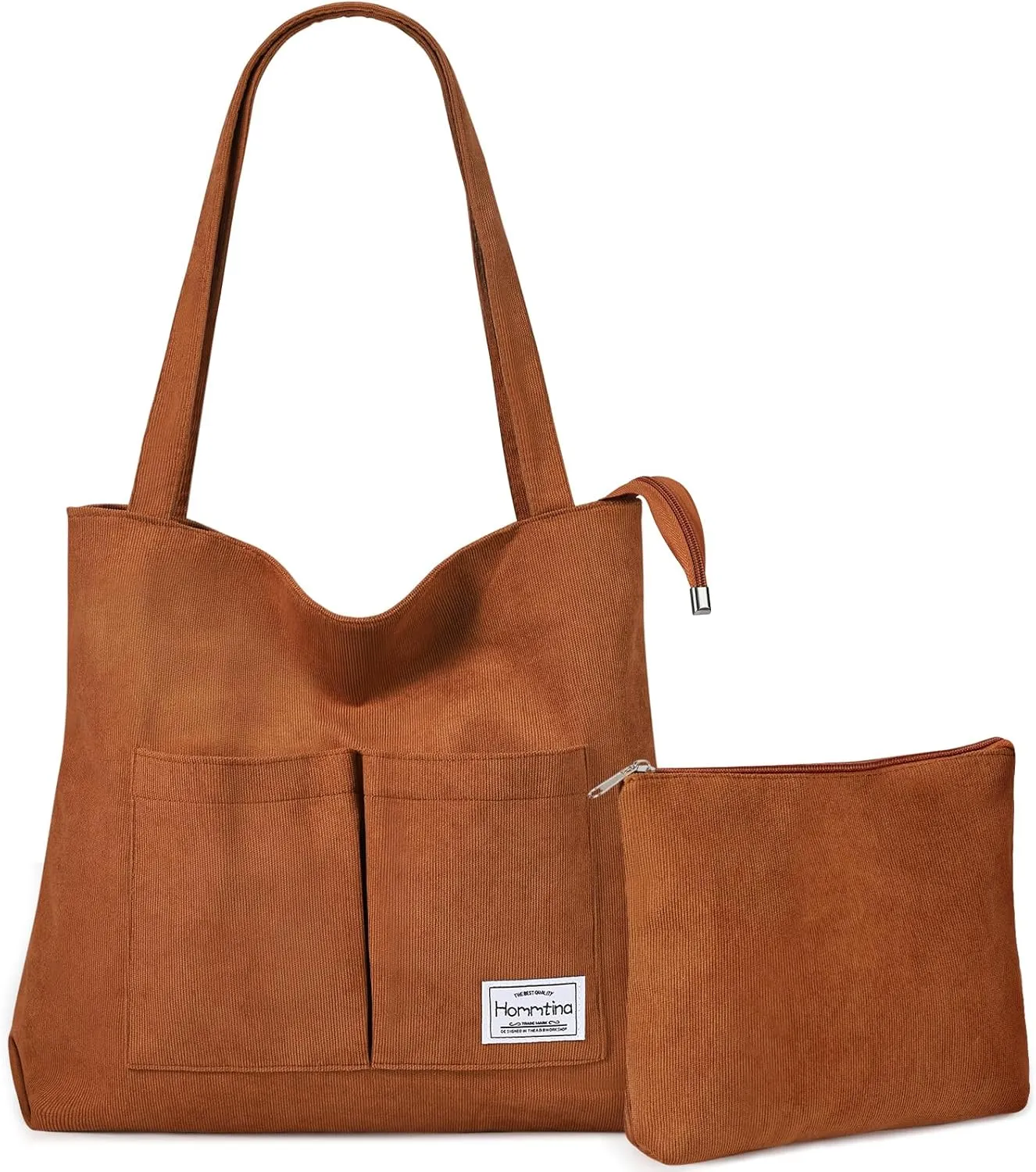 Hommtina 2PCS Corduroy Tote Bag for Women Shoulder Tote Bag with Pockets Handbags with Makeup Zipper Pouch Travel Work Bags