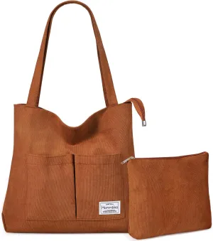 Hommtina 2PCS Corduroy Tote Bag for Women Shoulder Tote Bag with Pockets Handbags with Makeup Zipper Pouch Travel Work Bags