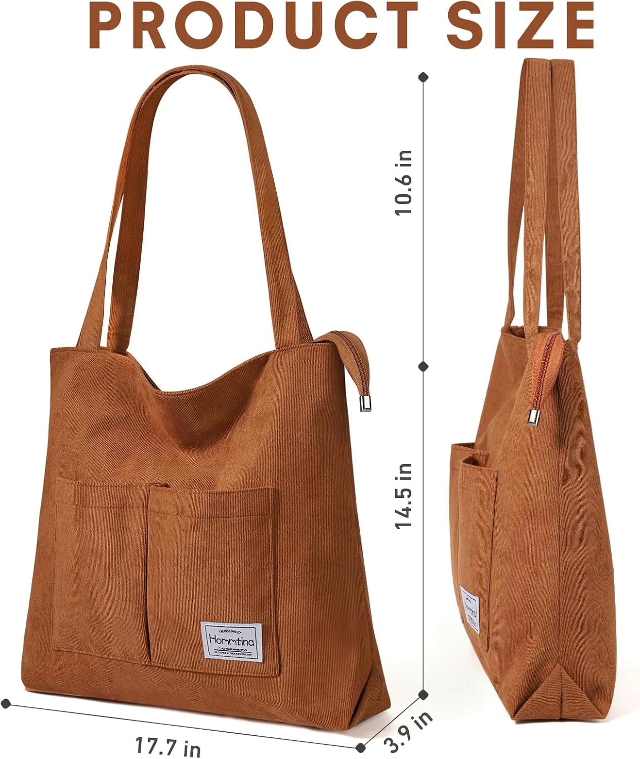 Hommtina 2PCS Corduroy Tote Bag for Women Shoulder Tote Bag with Pockets Handbags with Makeup Zipper Pouch Travel Work Bags