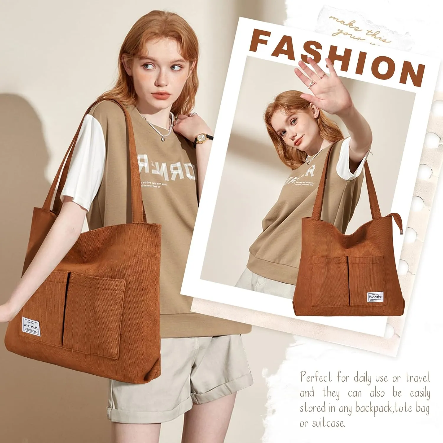 Hommtina 2PCS Corduroy Tote Bag for Women Shoulder Tote Bag with Pockets Handbags with Makeup Zipper Pouch Travel Work Bags