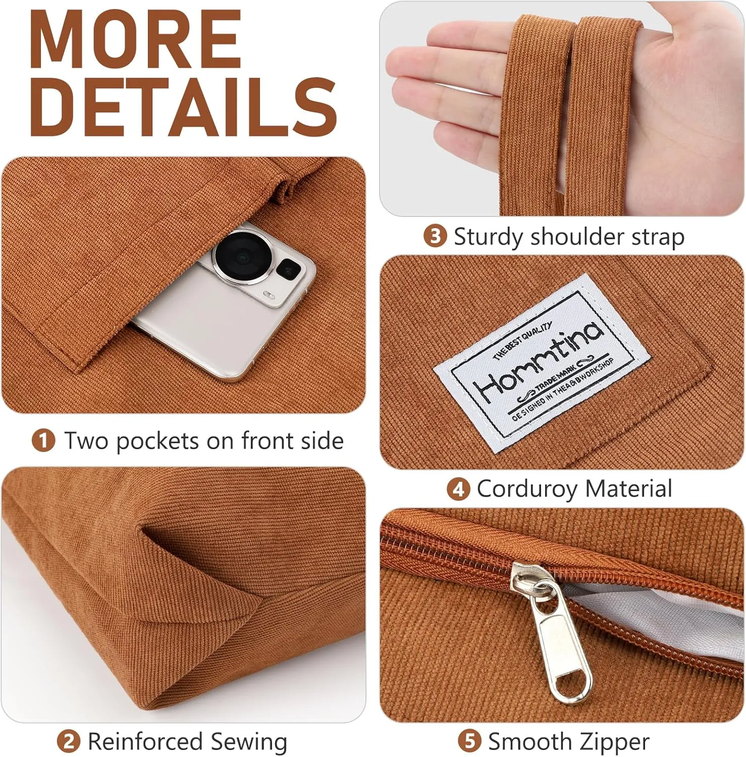 Hommtina 2PCS Corduroy Tote Bag for Women Shoulder Tote Bag with Pockets Handbags with Makeup Zipper Pouch Travel Work Bags