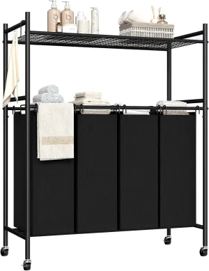 HOOBRO Laundry Sorter 4 Section, Rolling Laundry Hamper with Wheeled, Laundry Basket with Mesh Shelf and Removable S-Shaped Hooks, Sturdy Metal Frame, Laundry Room Organization, Black BB10XY01