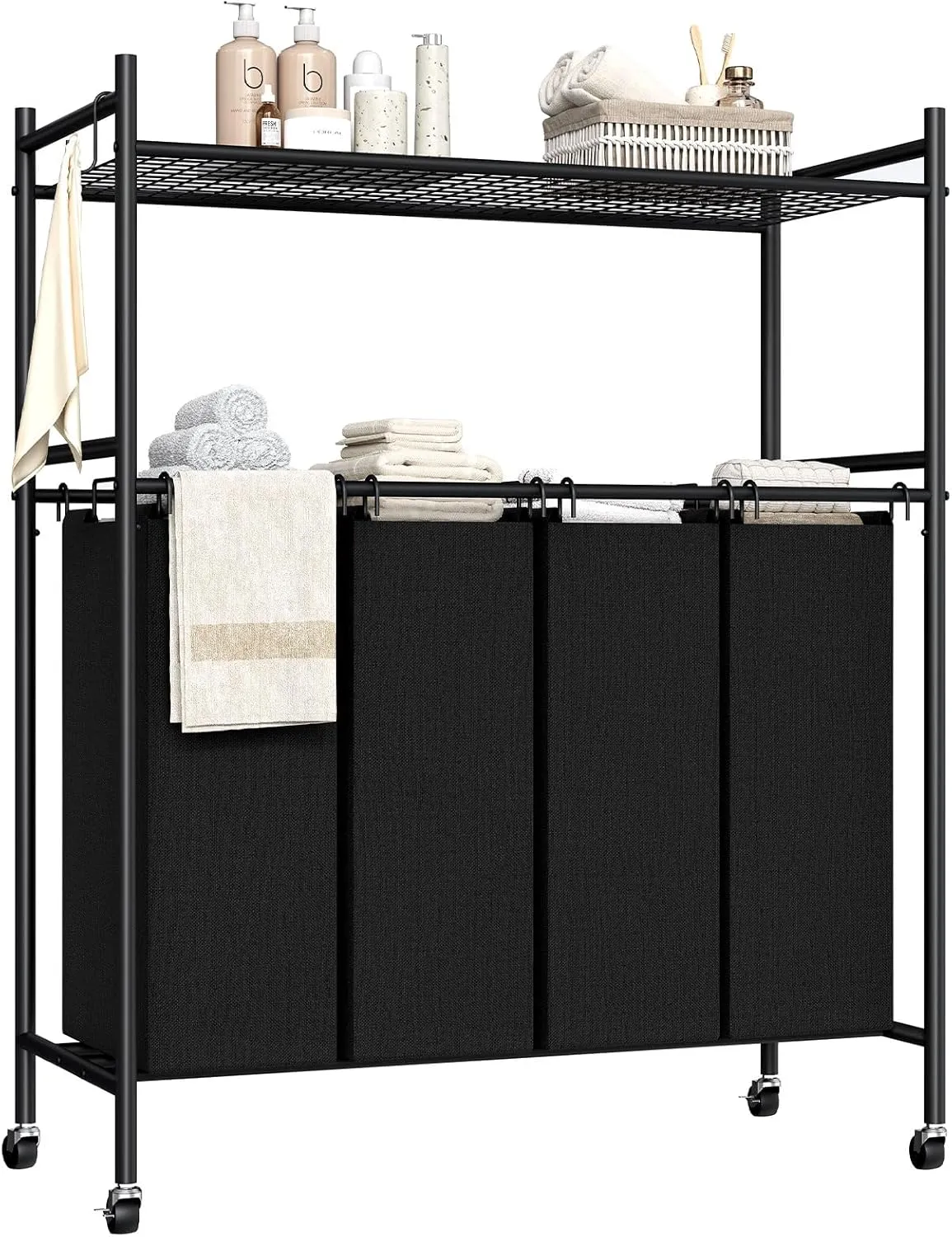 HOOBRO Laundry Sorter 4 Section, Rolling Laundry Hamper with Wheeled, Laundry Basket with Mesh Shelf and Removable S-Shaped Hooks, Sturdy Metal Frame, Laundry Room Organization, Black BB10XY01