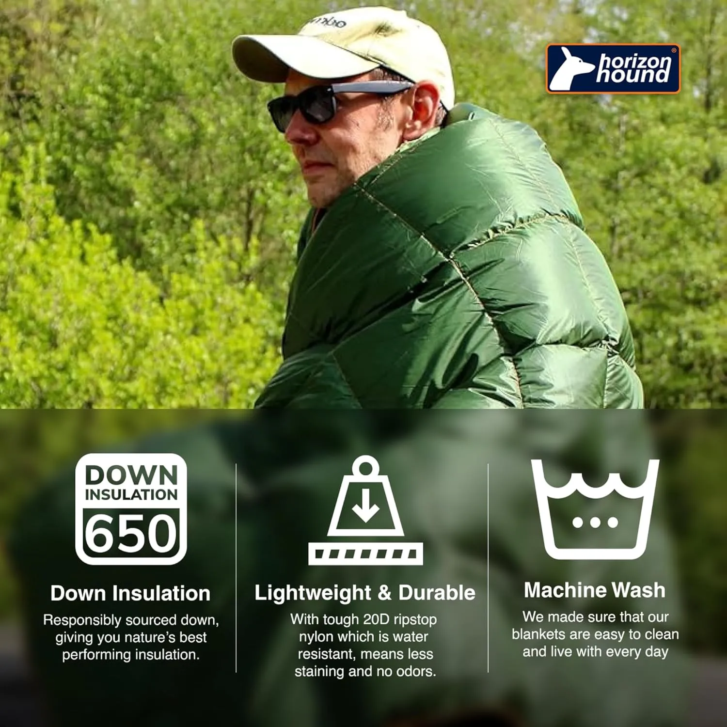 Horizon Hound Down Camping Blanket - Outdoor Travel Quilt | Sustainable, Insulated, Lightweight & Warm Gear for Sleep, Camping, Stadium, Hiking & Festivals | Water Resistant, Packable & Compact