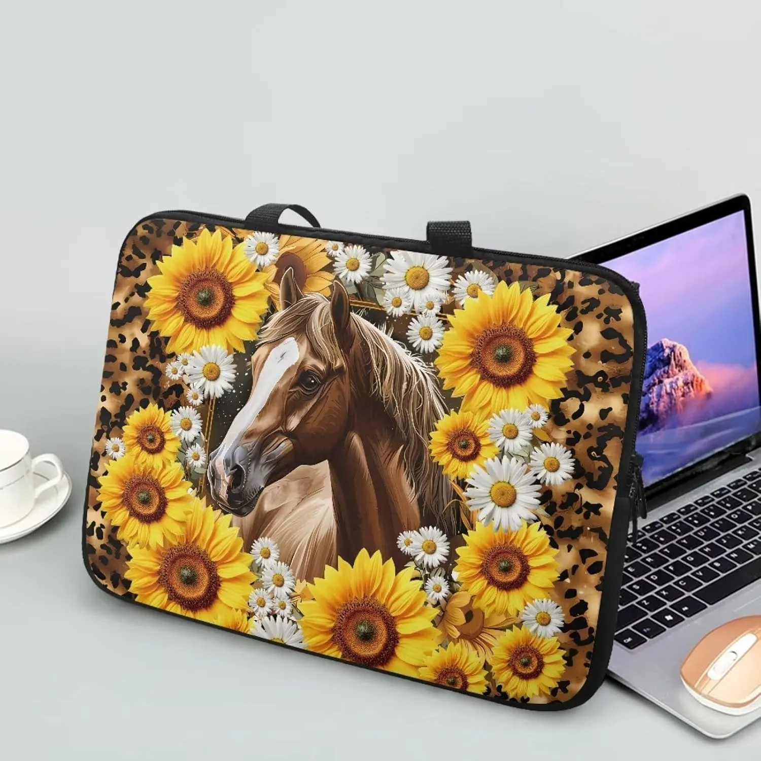 Horse Laptop Sleeve with HandleSunflower Laptop Cover Tote Bags Tablet Carrying Case Portable Neoprene Zipper Notebook Sleeves Handbag Briefcase Shoulder Computer Bag