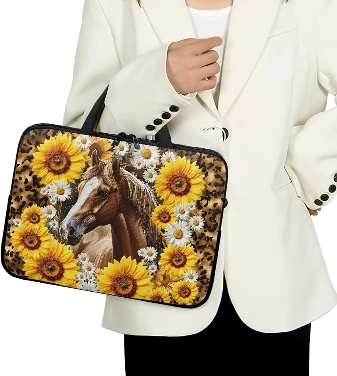 Horse Laptop Sleeve with HandleSunflower Laptop Cover Tote Bags Tablet Carrying Case Portable Neoprene Zipper Notebook Sleeves Handbag Briefcase Shoulder Computer Bag
