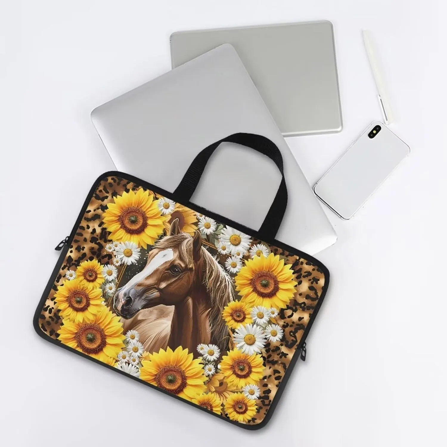 Horse Laptop Sleeve with HandleSunflower Laptop Cover Tote Bags Tablet Carrying Case Portable Neoprene Zipper Notebook Sleeves Handbag Briefcase Shoulder Computer Bag