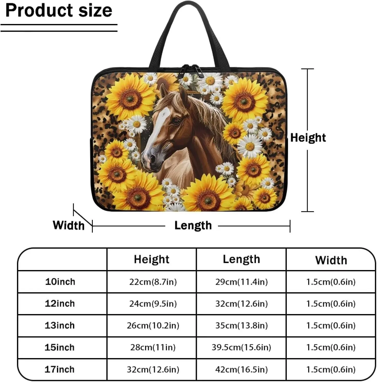 Horse Laptop Sleeve with HandleSunflower Laptop Cover Tote Bags Tablet Carrying Case Portable Neoprene Zipper Notebook Sleeves Handbag Briefcase Shoulder Computer Bag
