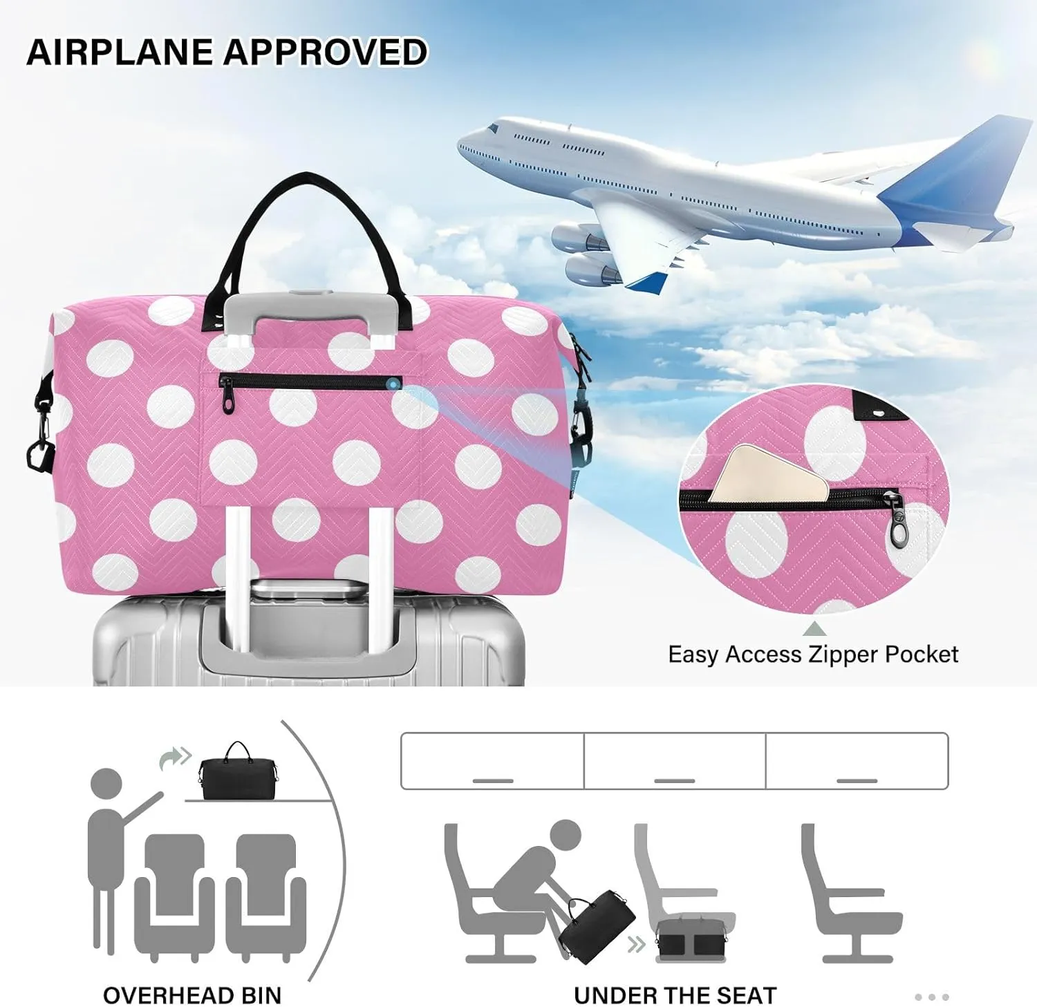 Hot Pink Polka Dot Sports Gym Bag for Women Men Travel Duffel Bag Weekend Overnight Carry on Bag with Toiletry Bag Training Handbag for Swimming Yoga Workout Hospital Plane
