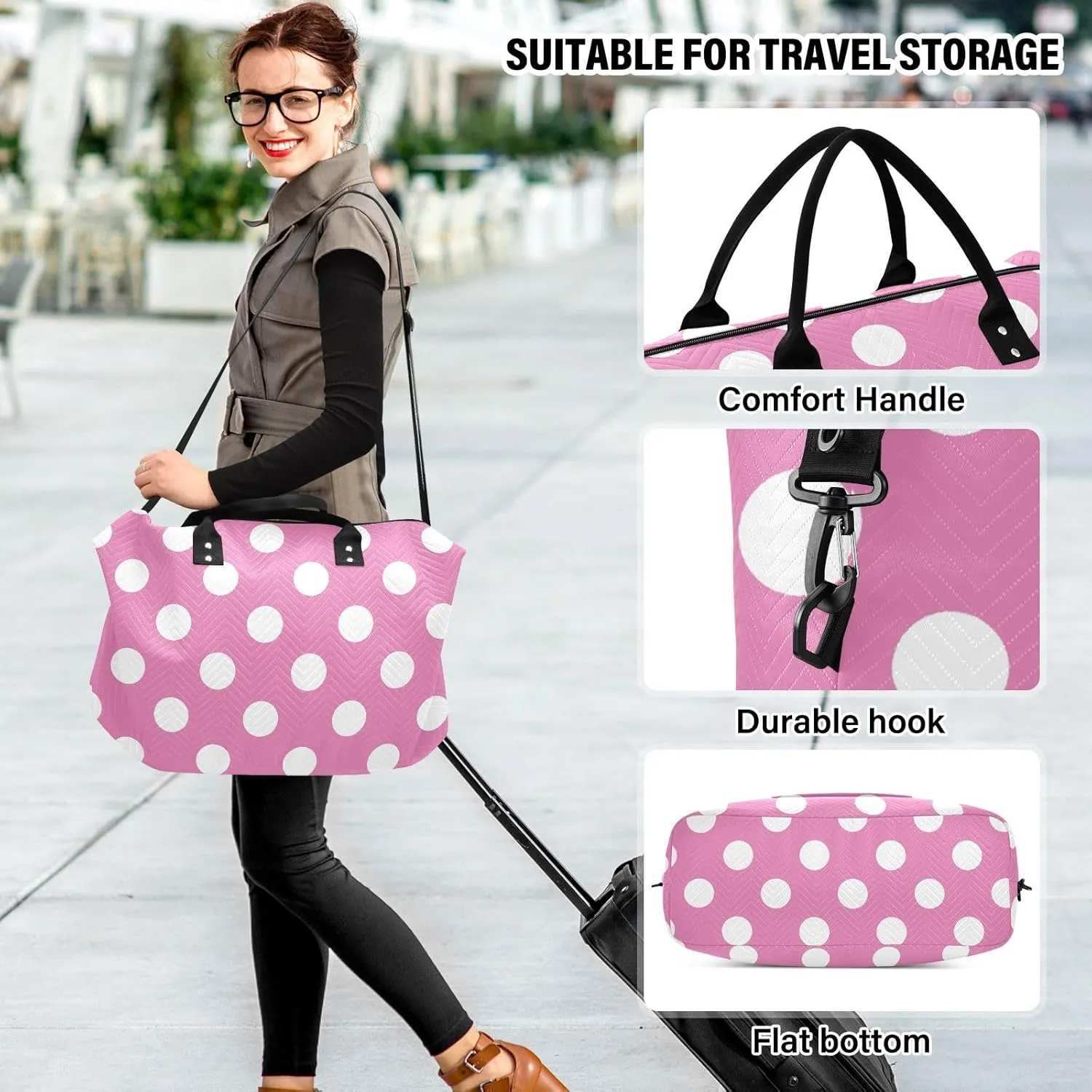 Hot Pink Polka Dot Sports Gym Bag for Women Men Travel Duffel Bag Weekend Overnight Carry on Bag with Toiletry Bag Training Handbag for Swimming Yoga Workout Hospital Plane