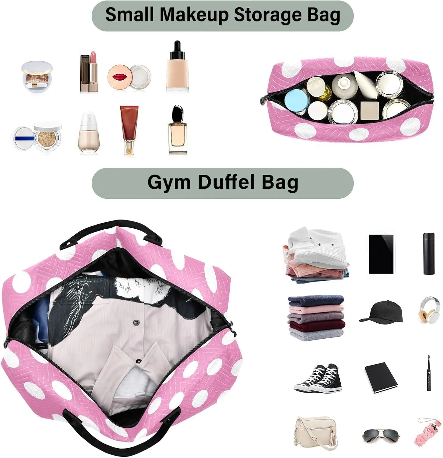 Hot Pink Polka Dot Sports Gym Bag for Women Men Travel Duffel Bag Weekend Overnight Carry on Bag with Toiletry Bag Training Handbag for Swimming Yoga Workout Hospital Plane