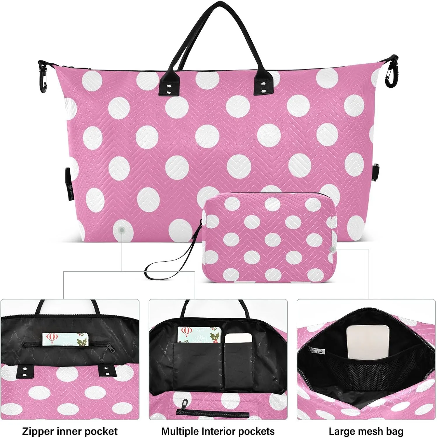 Hot Pink Polka Dot Sports Gym Bag for Women Men Travel Duffel Bag Weekend Overnight Carry on Bag with Toiletry Bag Training Handbag for Swimming Yoga Workout Hospital Plane