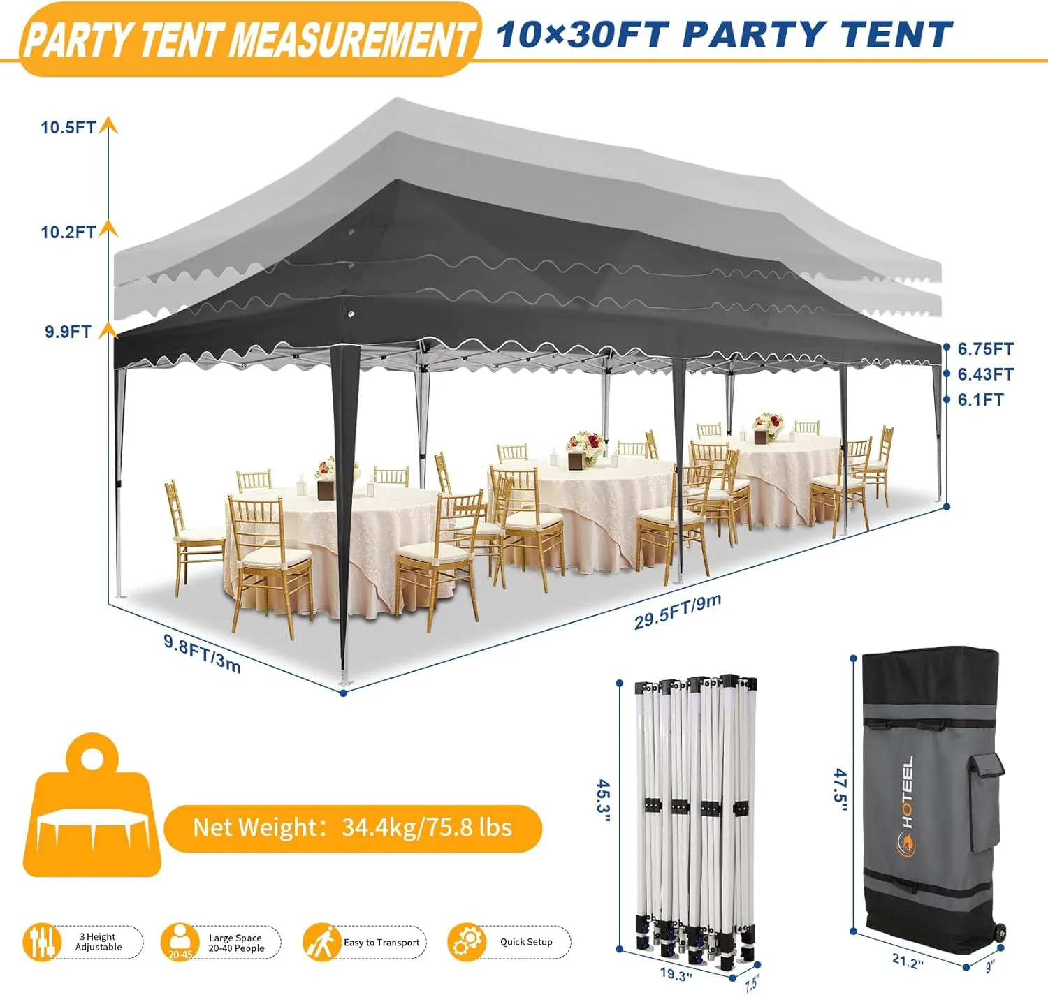 HOTEEL Party Tent 10x30 Pop Up Canopy Tent with 8 Sidewalls, Wheeled Bag, 4 Weight Bags, Easy Setup Outdoor Tent for Backyard Party with Extra Height, Waterproof UPF50  Event Tent for Patio, Black