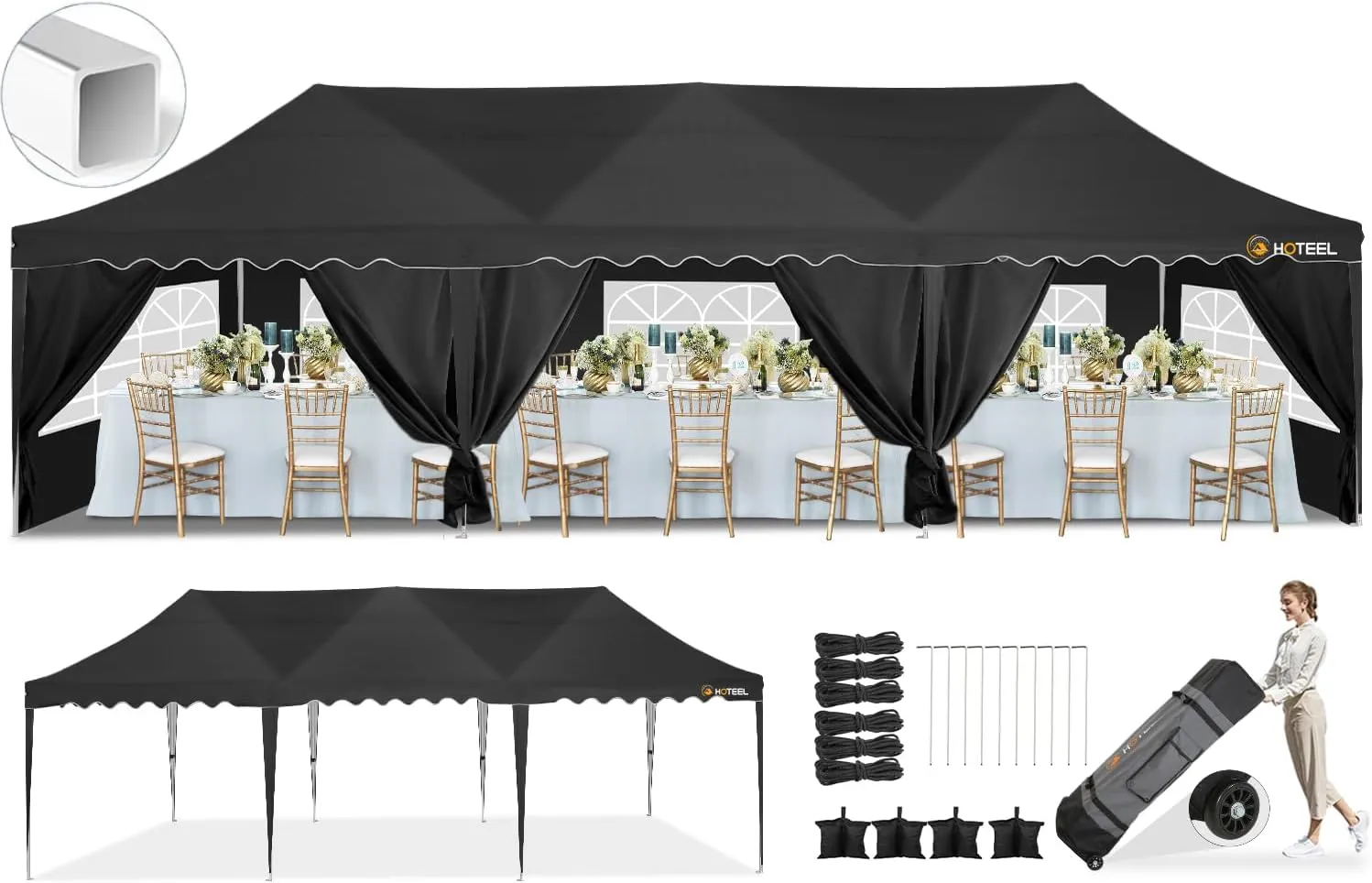 HOTEEL Party Tent 10x30 Pop Up Canopy Tent with 8 Sidewalls, Wheeled Bag, 4 Weight Bags, Easy Setup Outdoor Tent for Backyard Party with Extra Height, Waterproof UPF50  Event Tent for Patio, Black
