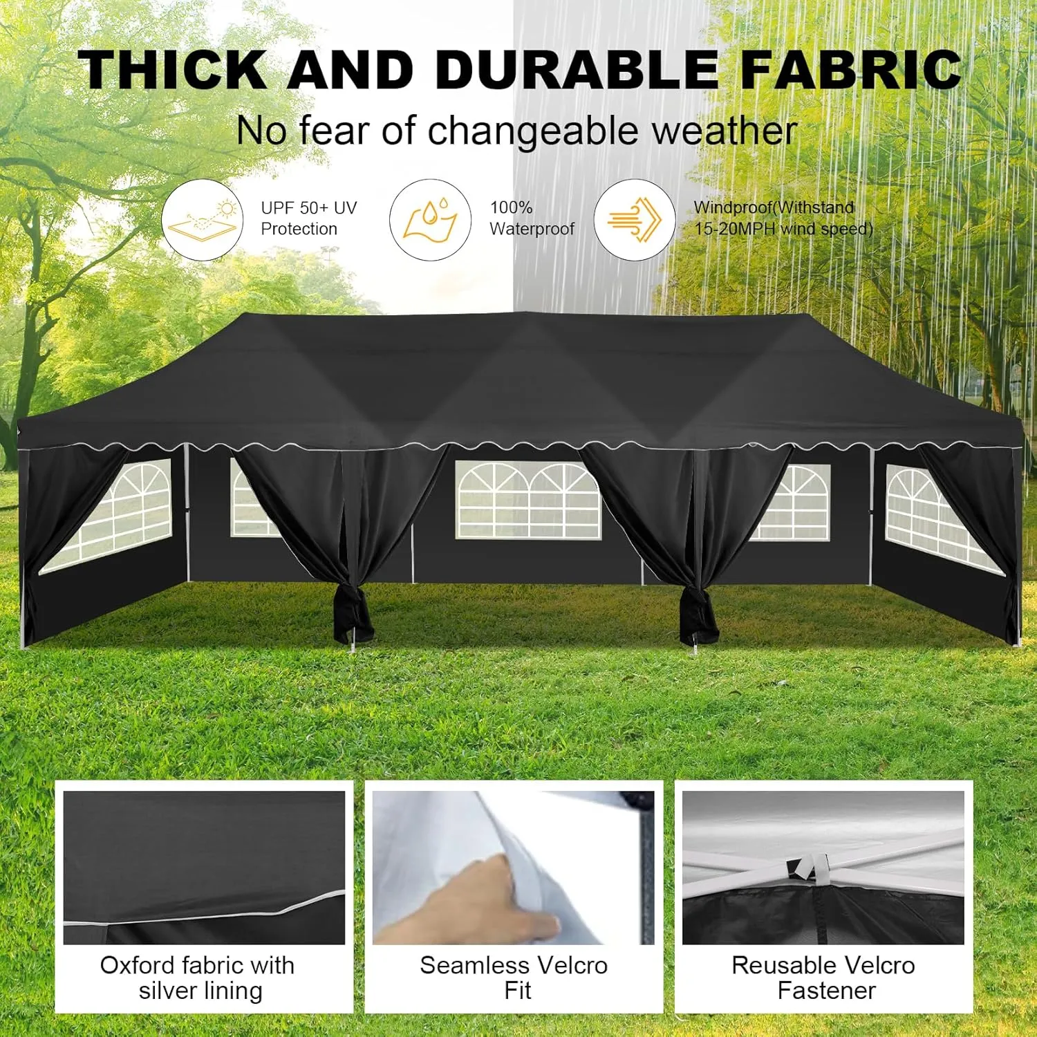 HOTEEL Party Tent 10x30 Pop Up Canopy Tent with 8 Sidewalls, Wheeled Bag, 4 Weight Bags, Easy Setup Outdoor Tent for Backyard Party with Extra Height, Waterproof UPF50  Event Tent for Patio, Black