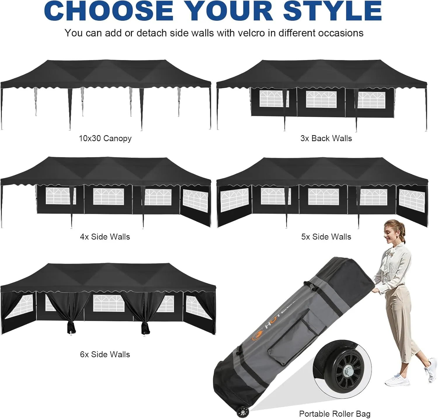 HOTEEL Party Tent 10x30 Pop Up Canopy Tent with 8 Sidewalls, Wheeled Bag, 4 Weight Bags, Easy Setup Outdoor Tent for Backyard Party with Extra Height, Waterproof UPF50  Event Tent for Patio, Black