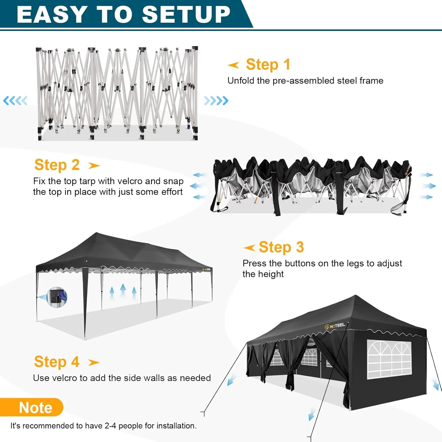 HOTEEL Party Tent 10x30 Pop Up Canopy Tent with 8 Sidewalls, Wheeled Bag, 4 Weight Bags, Easy Setup Outdoor Tent for Backyard Party with Extra Height, Waterproof UPF50  Event Tent for Patio, Black