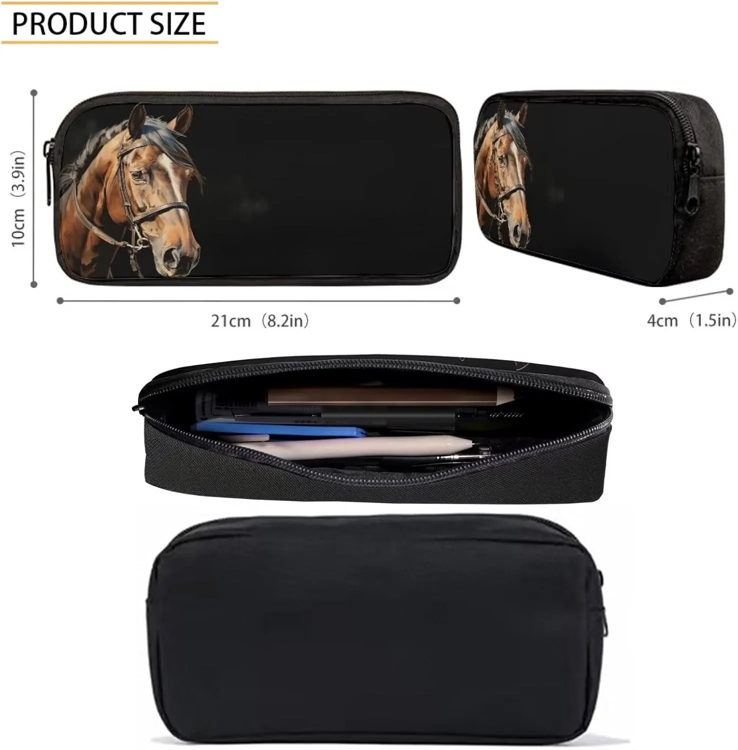 Howilath 3D Brown Horse Print Teenager Backpack Canvas Rucksack School Book Bag with Pencil Case Lunchbox, 17 Inch Backpack for Kids Teen Girls School Student Bookbag Set