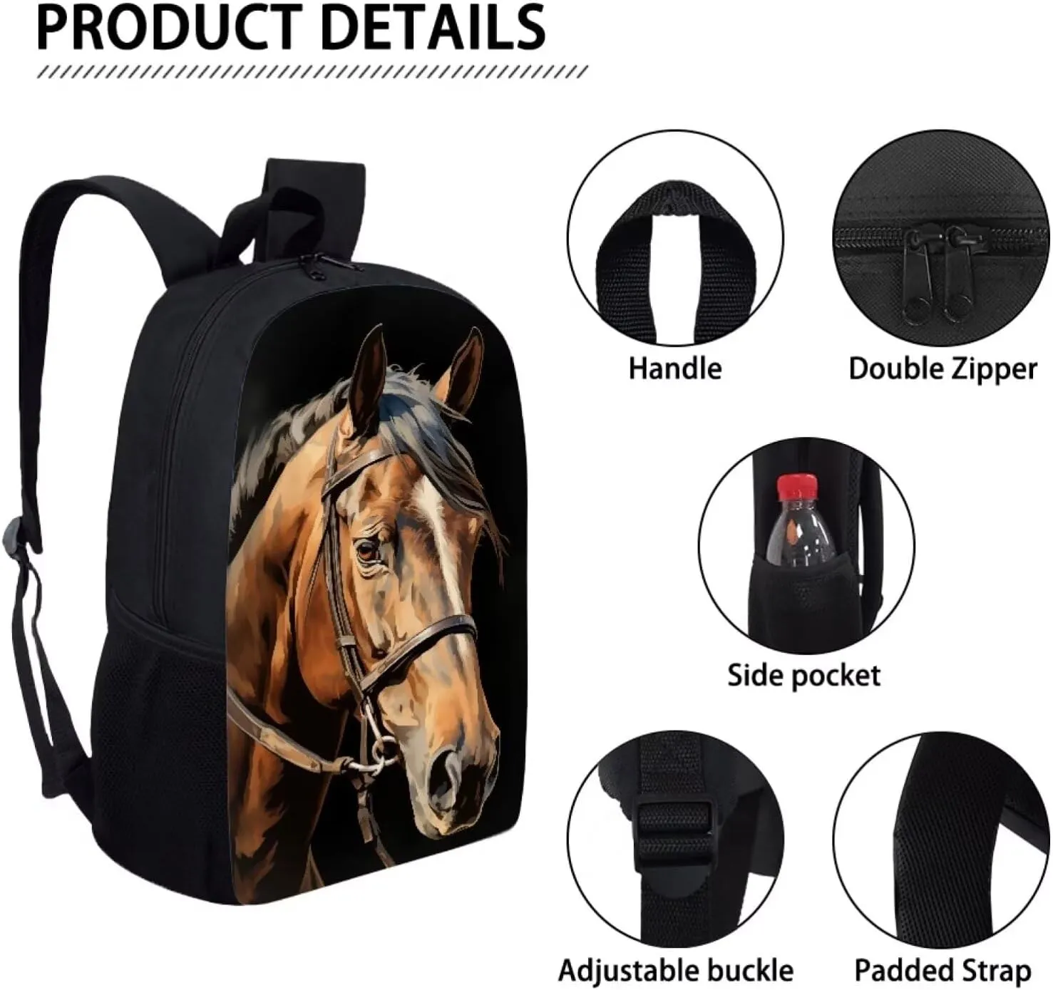 Howilath 3D Brown Horse Print Teenager Backpack Canvas Rucksack School Book Bag with Pencil Case Lunchbox, 17 Inch Backpack for Kids Teen Girls School Student Bookbag Set
