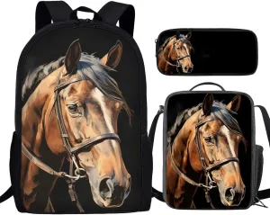 Howilath 3D Brown Horse Print Teenager Backpack Canvas Rucksack School Book Bag with Pencil Case Lunchbox, 17 Inch Backpack for Kids Teen Girls School Student Bookbag Set